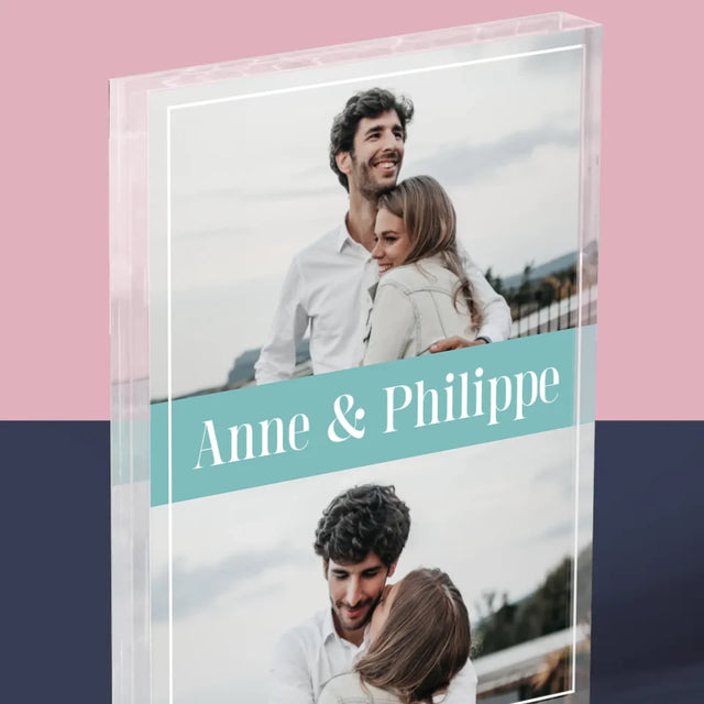 Collage Photo: Couple, Prénoms - Bloc Acrylique