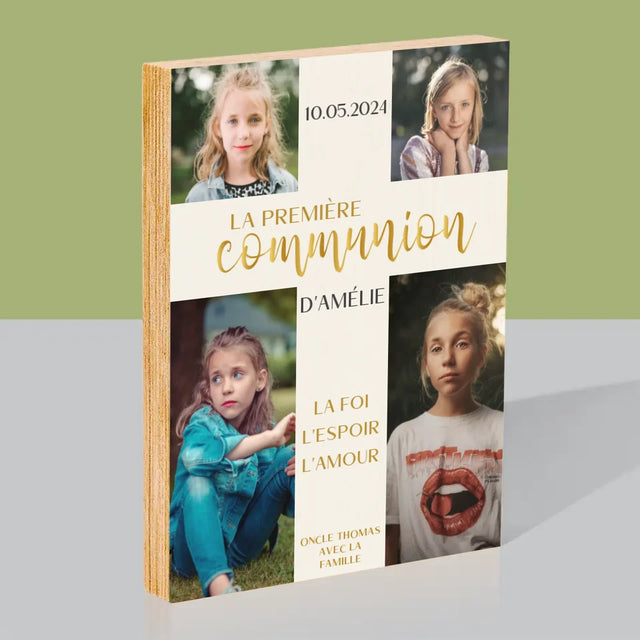 Collage Photo: Première Communion, Croix - Impression Sur Bois