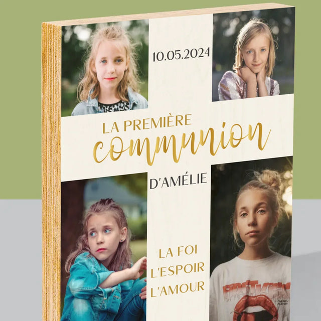Collage Photo: Première Communion, Croix - Impression Sur Bois