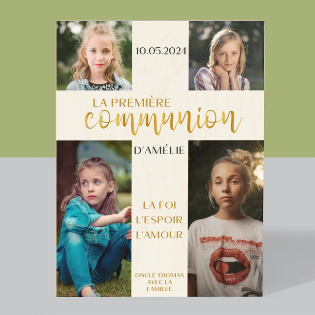 Collage Photo: Première Communion, Croix - Impression Sur Bois