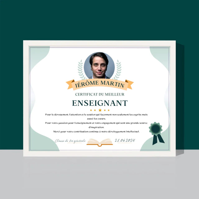 Photo Et Texte: Certificat Du Meilleur Enseignant - Impression Encadrée 30X40