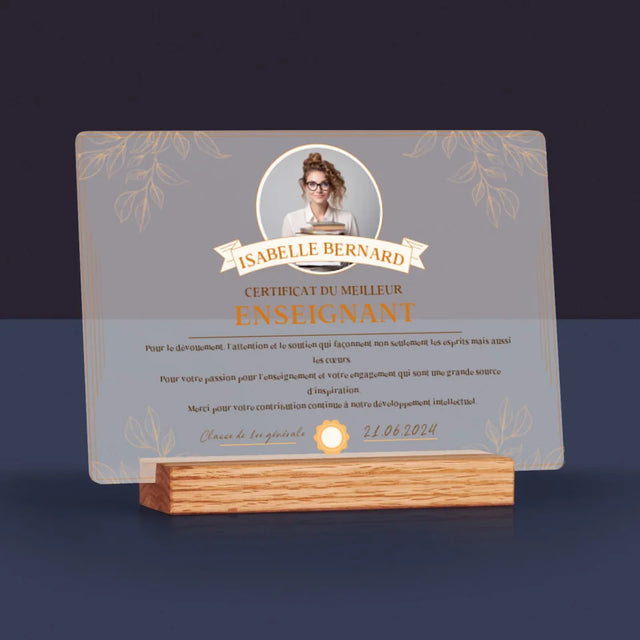 Photo Et Texte: Certificat Du Meilleur Enseignant - Impression Sur Verre Acrylique