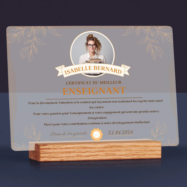Photo Et Texte: Certificat Du Meilleur Enseignant - Impression Sur Verre Acrylique