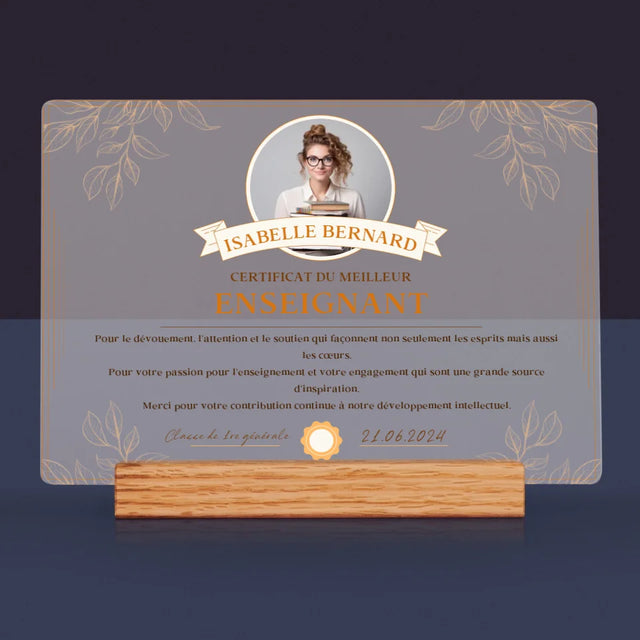 Photo Et Texte: Certificat Du Meilleur Enseignant - Impression Sur Verre Acrylique