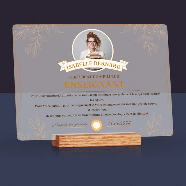 Photo Et Texte: Certificat Du Meilleur Enseignant - Impression Sur Verre Acrylique