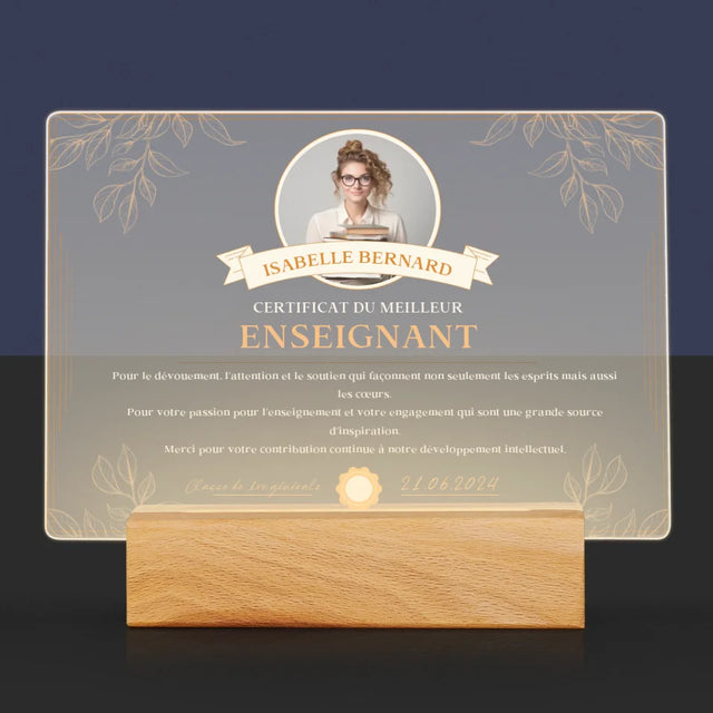 Photo Et Texte: Certificat Du Meilleur Enseignant - Impression Sur Verre Acrylique