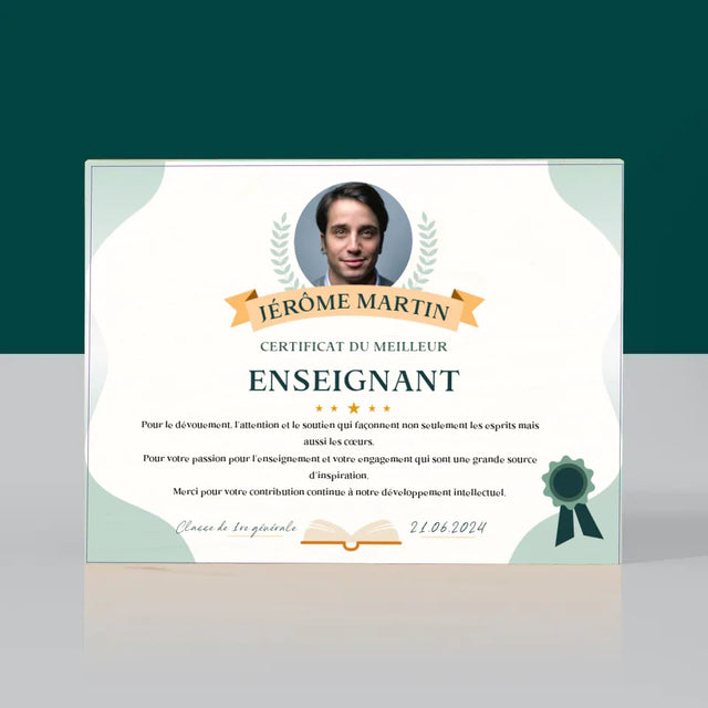 Photo Et Texte: Certificat Du Meilleur Enseignant - Impression Sur Bois