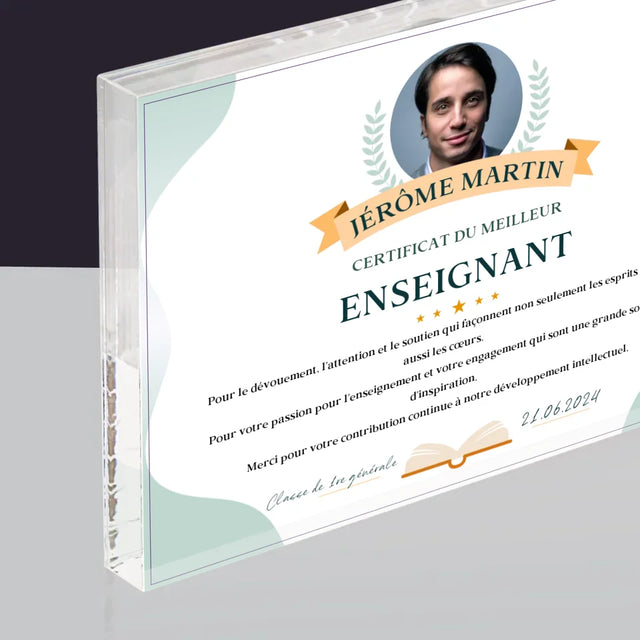 Photo Et Texte: Certificat Du Meilleur Enseignant - Bloc Acrylique