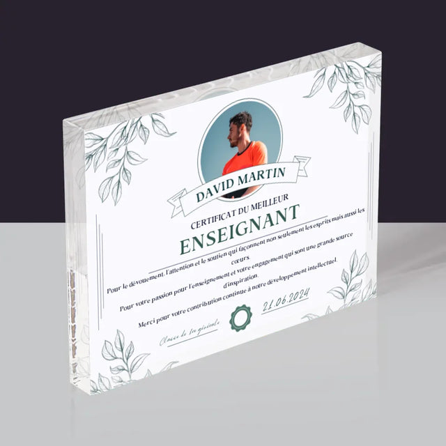 Photo Et Texte: Le Certificat Du Meilleur Enseignant - Bloc Acrylique