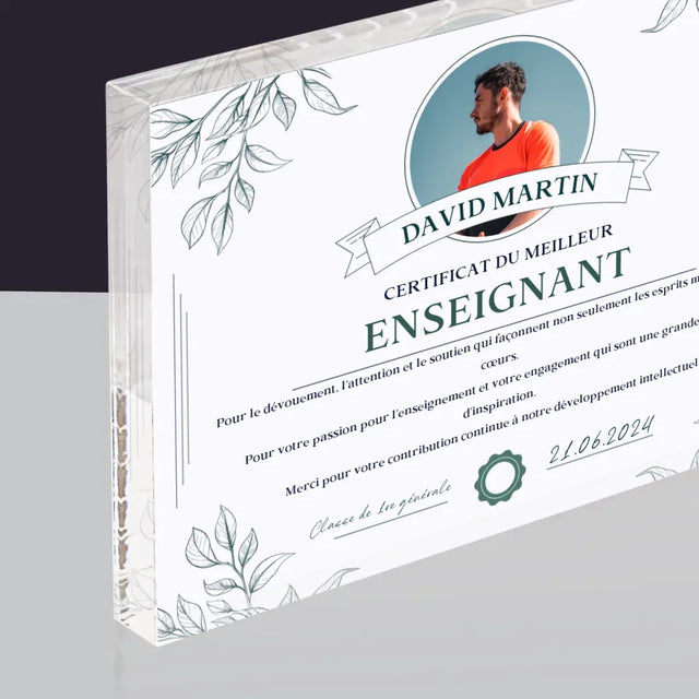 Photo Et Texte: Le Certificat Du Meilleur Enseignant - Bloc Acrylique