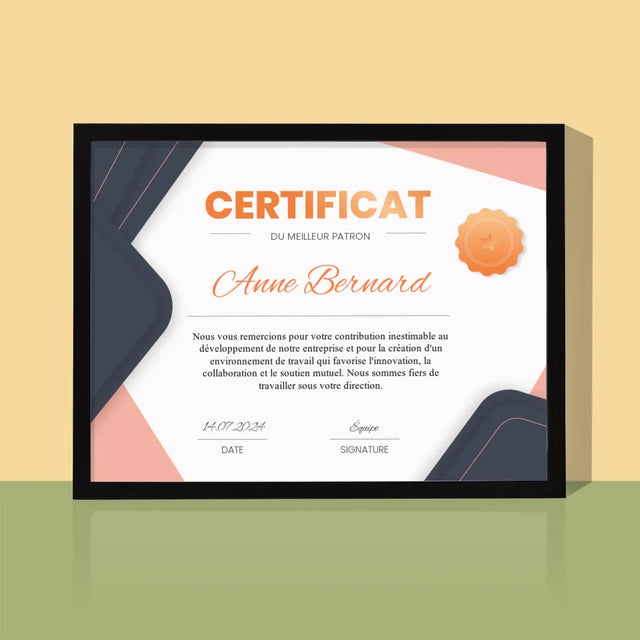 Le Prénom Et Un Texte: Certificat De Meilleur Patron - Impression Encadrée 30X40