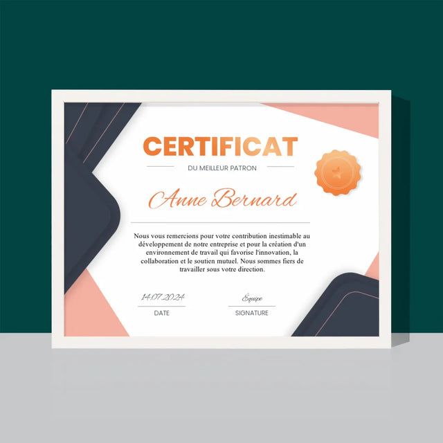 Le Prénom Et Un Texte: Certificat De Meilleur Patron - Impression Encadrée 30X40