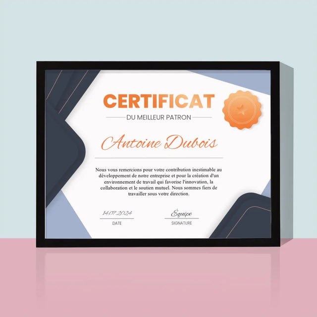 Le Prénom Et Un Texte: Certificat De Meilleur Patron - Impression Encadrée 30X40
