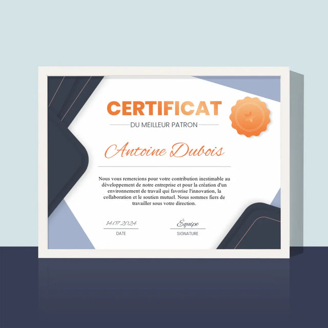 Le Prénom Et Un Texte: Certificat De Meilleur Patron - Impression Encadrée 30X40