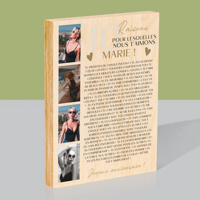 Le Collage Photo: 40 Raisons - Impression Sur Bois