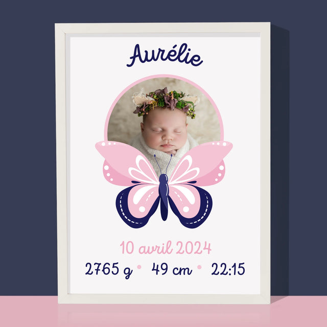 Acte De Naissance De L'Enfant: Métrique, Une Papillon - Impression Encadrée 30X40
