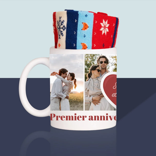 Le Collage Photo: Premier Anniversaire Cœur - Chaussettes D'Hiver Dans Une Tasse