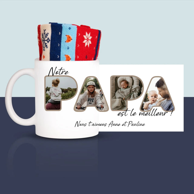Collage Photo De Lettre: Notre Papa Est Le Meilleur - Chaussettes D'Hiver Dans Une Tasse