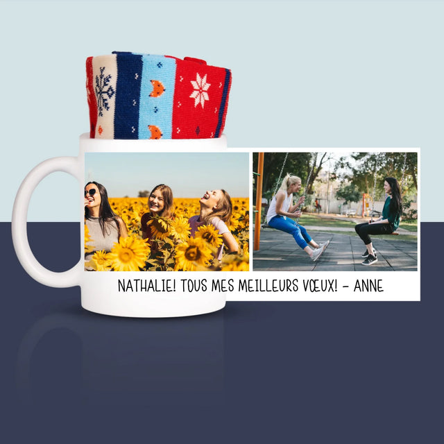 Le Collage Photo: Les 2 Photos Et Un Texte - Chaussettes D'Hiver Dans Une Tasse