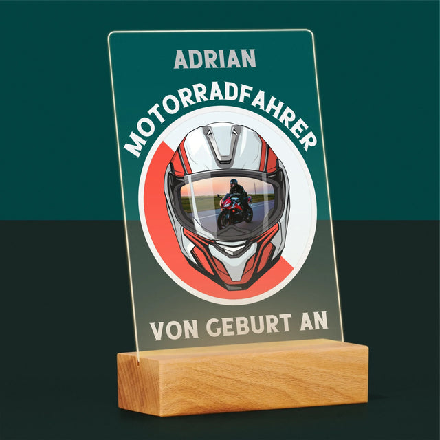 Photo et légende : Motard depuis la naissance - Impression sur verre acrylique | DE
