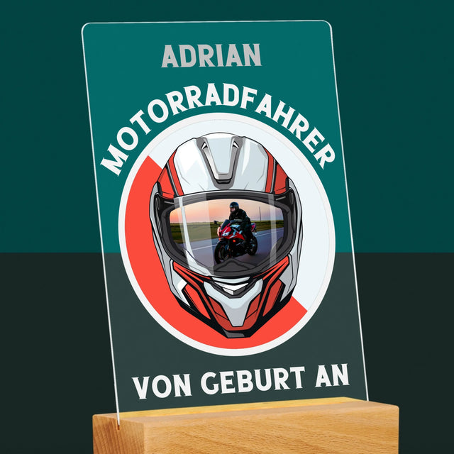 Photo et légende : Motard depuis la naissance - Impression sur verre acrylique | DE