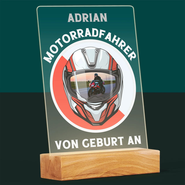 Photo et légende : Motard depuis la naissance - Impression sur verre acrylique | DE