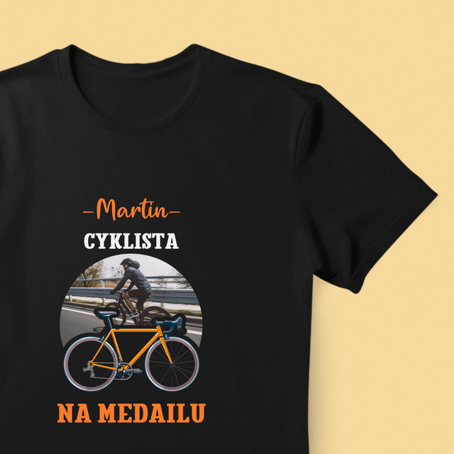 Zdjęcie I Podpis: Rowerzysta Na Medal - Koszulka Męska z Nadrukiem | SK