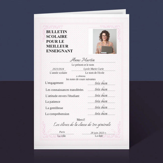 Photo Et Texte: Bulletin Scolaire Pour Le Meilleur Enseignant - Carte De Vœux