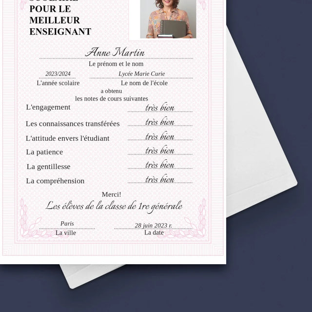 Photo Et Texte: Bulletin Scolaire Pour Le Meilleur Enseignant - Carte De Vœux