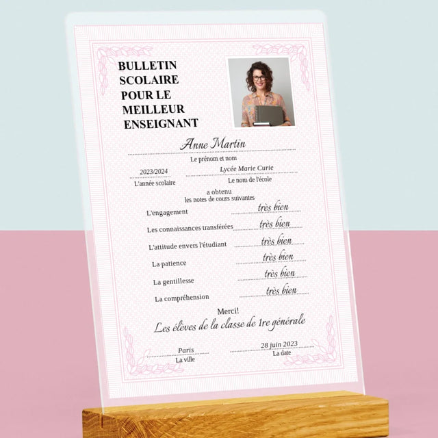 Photo Et Texte: Bulletin Scolaire Pour Le Meilleur Enseignant - Impression Sur Verre Acrylique