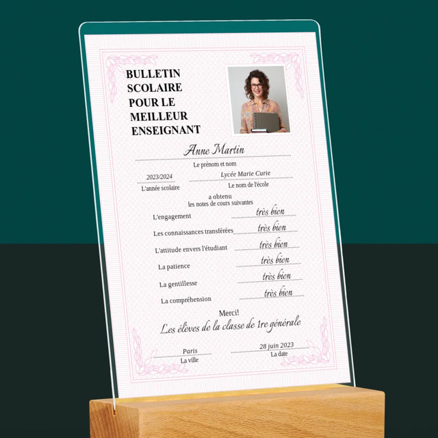 Photo Et Texte: Bulletin Scolaire Pour Le Meilleur Enseignant - Impression Sur Verre Acrylique