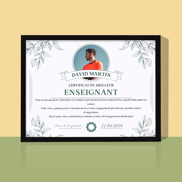 Photo Et Texte: Certificat Du Meilleur Enseignant - Impression Encadrée 30X40