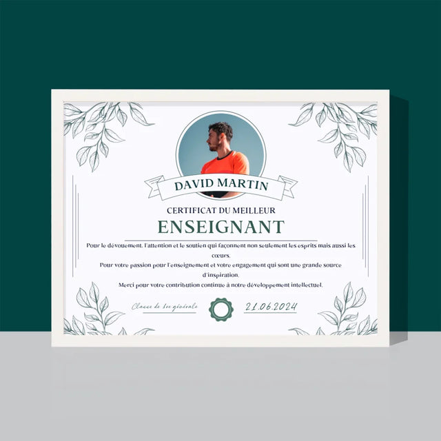Photo Et Texte: Certificat Du Meilleur Enseignant - Impression Encadrée 30X40