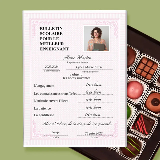 Photo Et Texte: Bulletin Scolaire Pour Le Meilleur Enseignant - Pralines