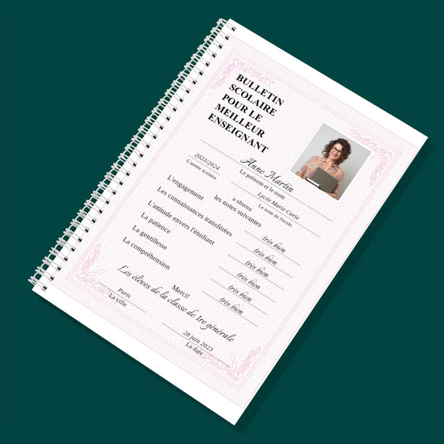 Photo Et Texte: Bulletin Scolaire Pour Le Meilleur Enseignant - Planificateur À Spirales - Quotidien