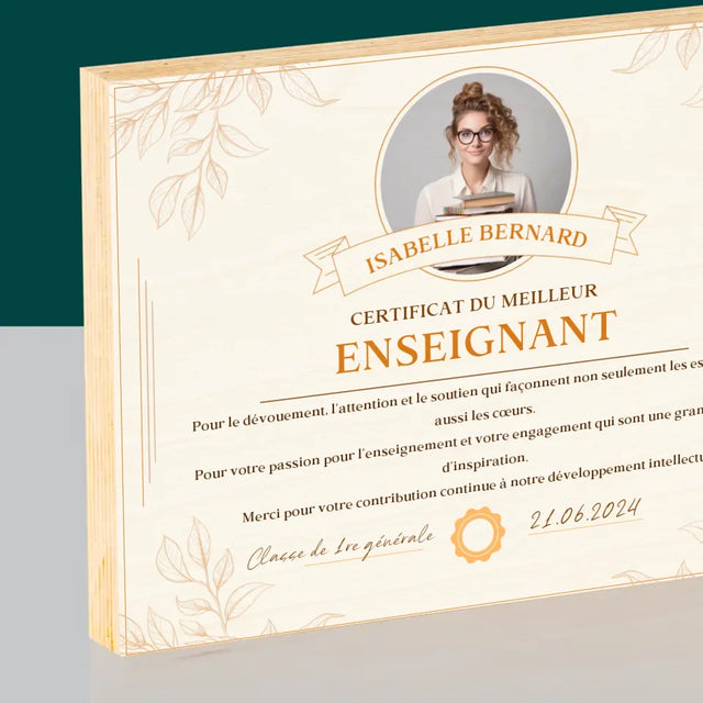 Photo Et Texte: Certificat Du Meilleur Enseignant - Impression Sur Bois