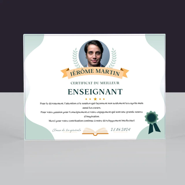 Photo Et Texte: Certificat Du Meilleur Enseignant - Bloc Acrylique