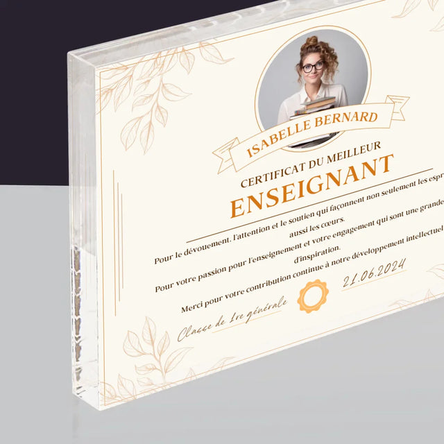 Photo Et Texte: Certificat Du Meilleur Enseignant - Bloc Acrylique