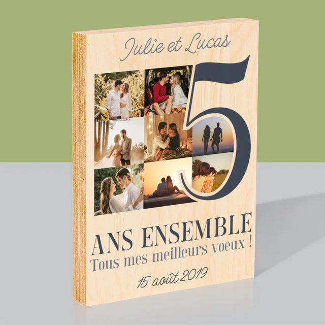 Collage Photo: 5 Ans Ensemble - Impression Sur Bois