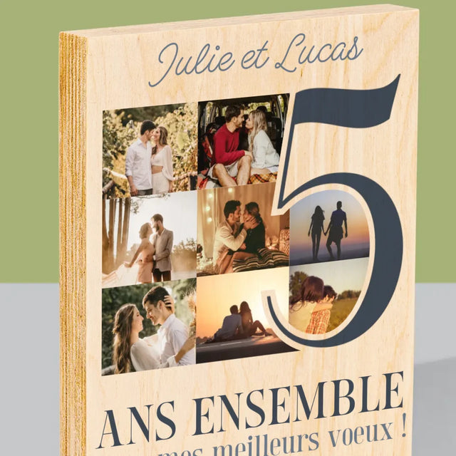 Collage Photo: 5 Ans Ensemble - Impression Sur Bois