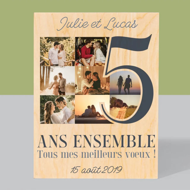 Collage Photo: 5 Ans Ensemble - Impression Sur Bois