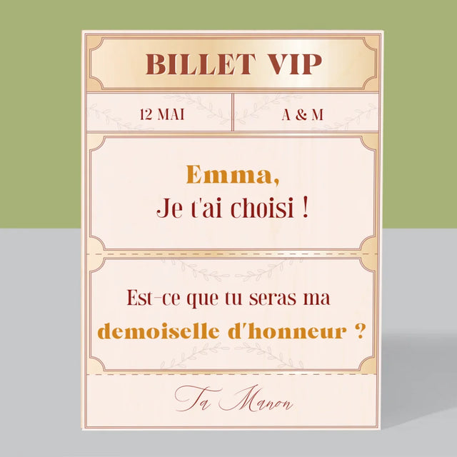 Le Prénom Et Un Texte: Billets Vip Demoiselle D'Honneur - Impression Sur Bois