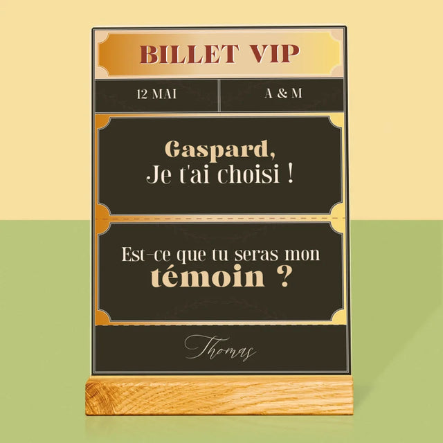 Le Prénom Et Un Texte: Billet Vip Témoin - Impression Sur Verre Acrylique