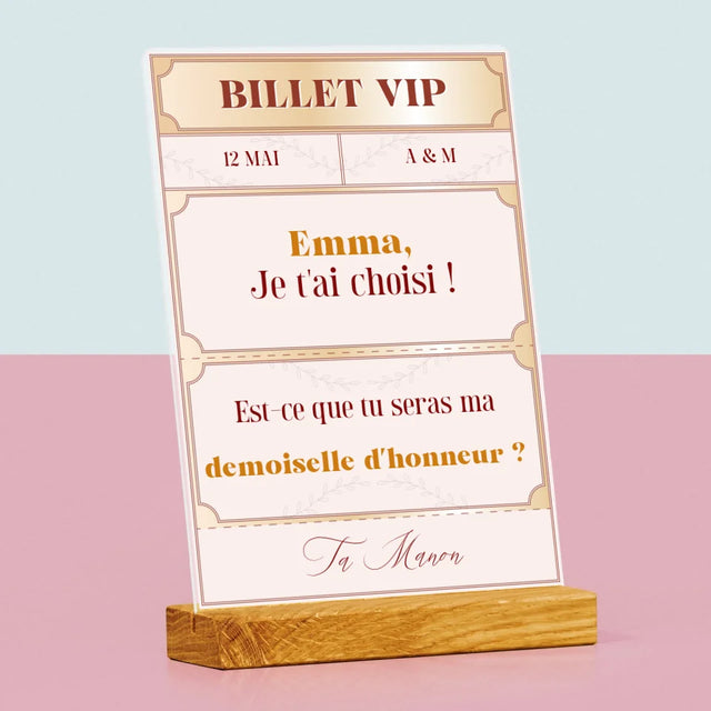 Le Prénom Et Un Texte: Billets Vip Demoiselle D'Honneur - Impression Sur Verre Acrylique