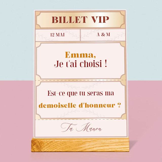 Le Prénom Et Un Texte: Billets Vip Demoiselle D'Honneur - Impression Sur Verre Acrylique