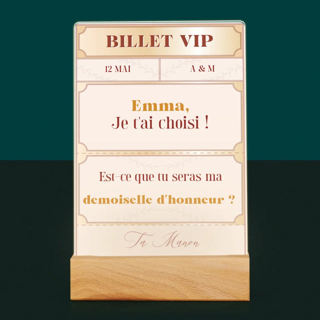 Le Prénom Et Un Texte: Billets Vip Demoiselle D'Honneur - Impression Sur Verre Acrylique