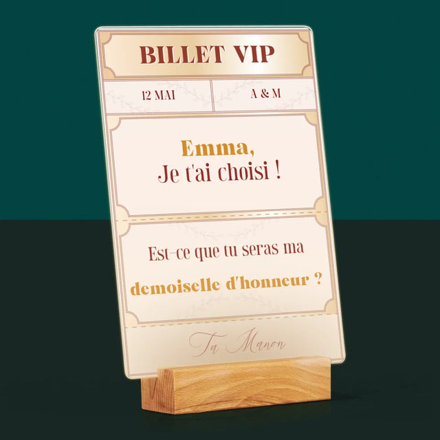 Le Prénom Et Un Texte: Billets Vip Demoiselle D'Honneur - Impression Sur Verre Acrylique