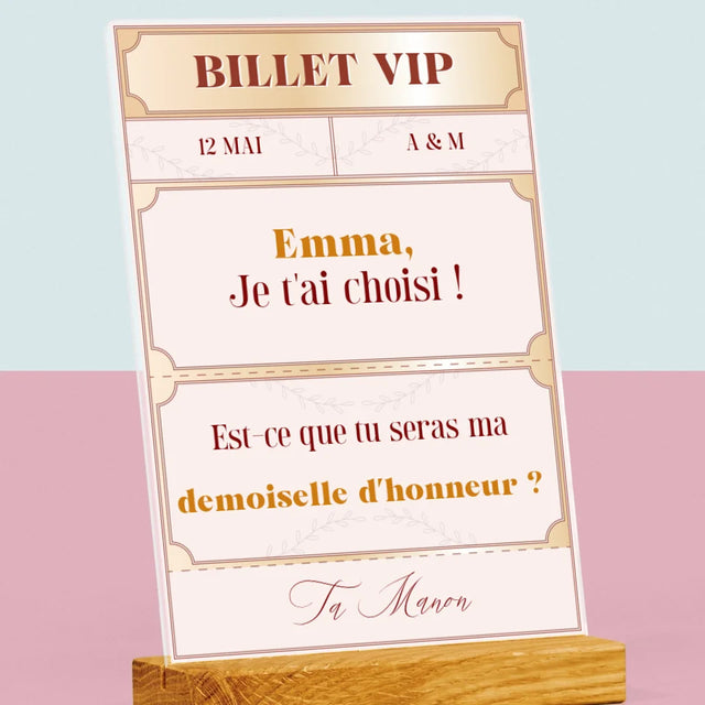 Le Prénom Et Un Texte: Billets Vip Demoiselle D'Honneur - Impression Sur Verre Acrylique