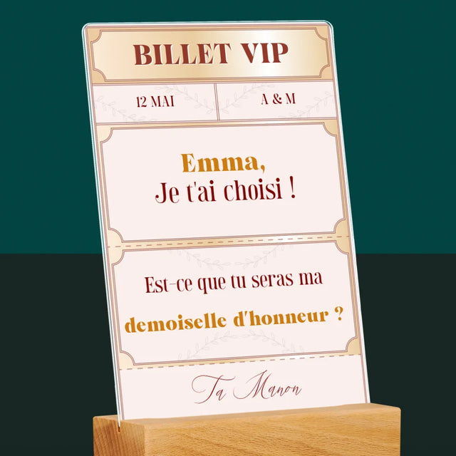 Le Prénom Et Un Texte: Billets Vip Demoiselle D'Honneur - Impression Sur Verre Acrylique