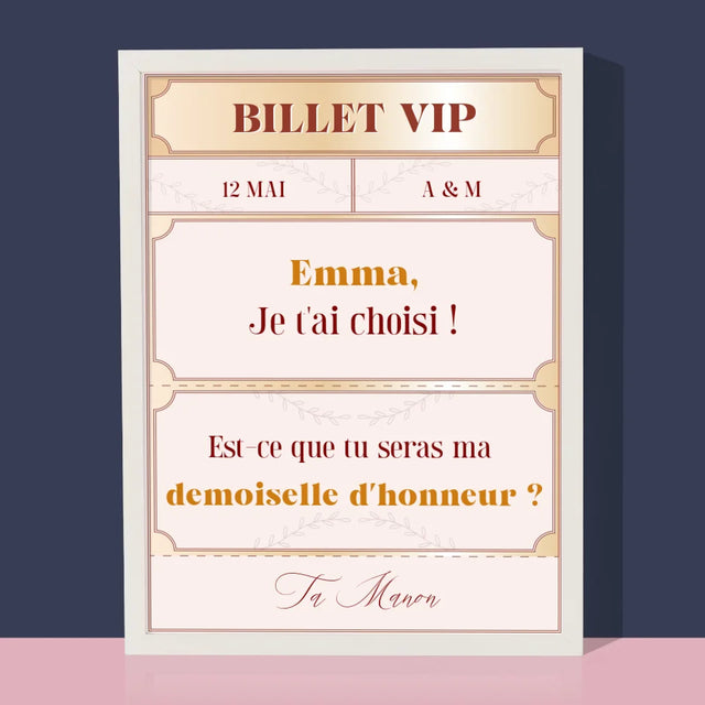 Le Prénom Et Un Texte: Billets Vip Demoiselle D'Honneur - Impression Encadrée 30X40